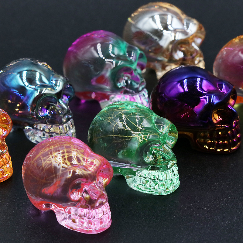 

Crystal Glass Skull Carved Electroplating crafts stone Ornaments Skeleton Shape Hand Piece Home Decoration Accessories Gift 18x24mm