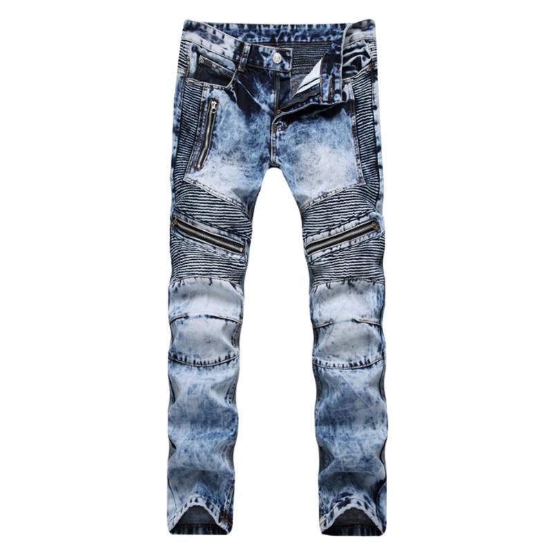 

Men's Jeans Retro Biker Blue Fashion Denim Pants Men Pleated Zipper Patchwork Streetwear Harajuku Hip Hop Trousers BottomsMen's, Dark blue
