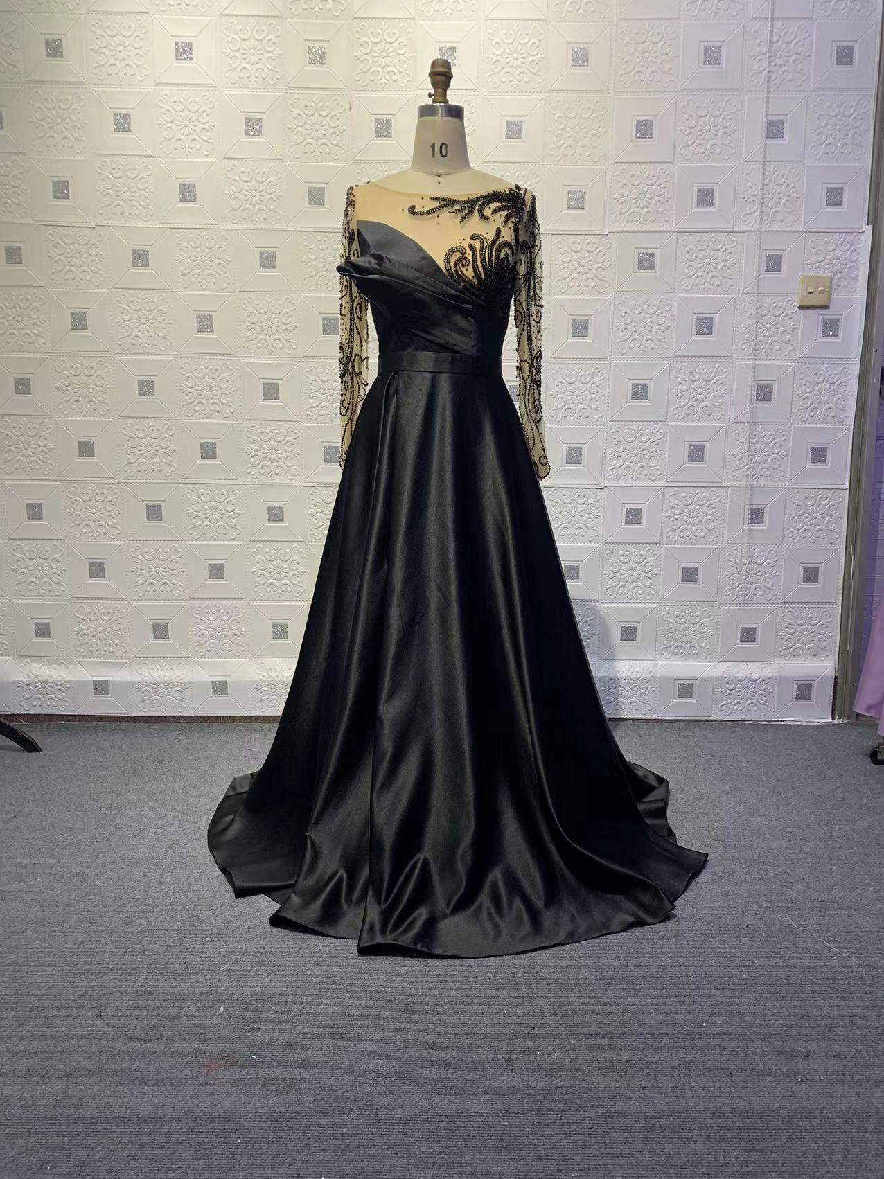 

Elegant Black Beading Prom Dresses Sheer Neck Jewel Evening Dress Custom Made Ruffles Long Sleeves Formal Floor Length Party Gown, Water melon