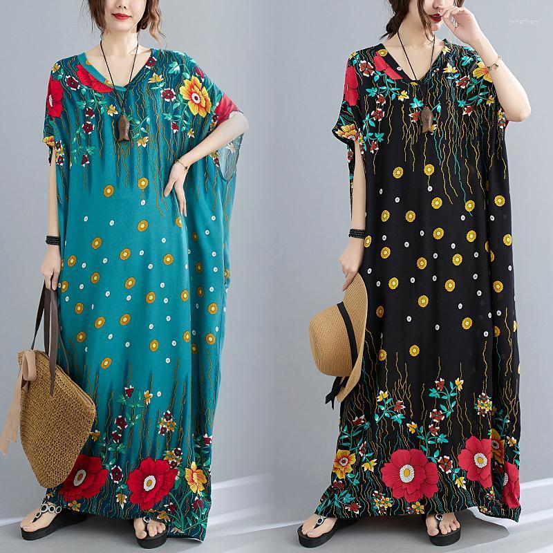 

Plus Size Dresses BIG Summer Women Fashion Elegant V Neck Print Tops Ladies Female Large Long Loose Beach Casual Flower Cotton Dress Jona22, Black