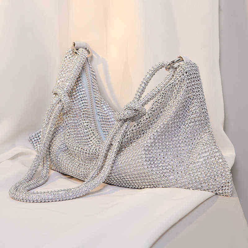 

100% Handmade Rhinestone Evening Clutch Silver Sparkling Crystal Evening Wedding Tote Luxury Designer Shoulder Bag AA220303