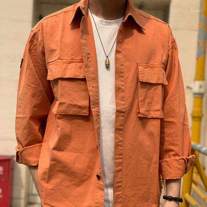 

Japanese Spring Men' Long-sleeved Shirt Solid Color Tooling Casual Jacket Cotton Loose Thin Section Shirts, Army green
