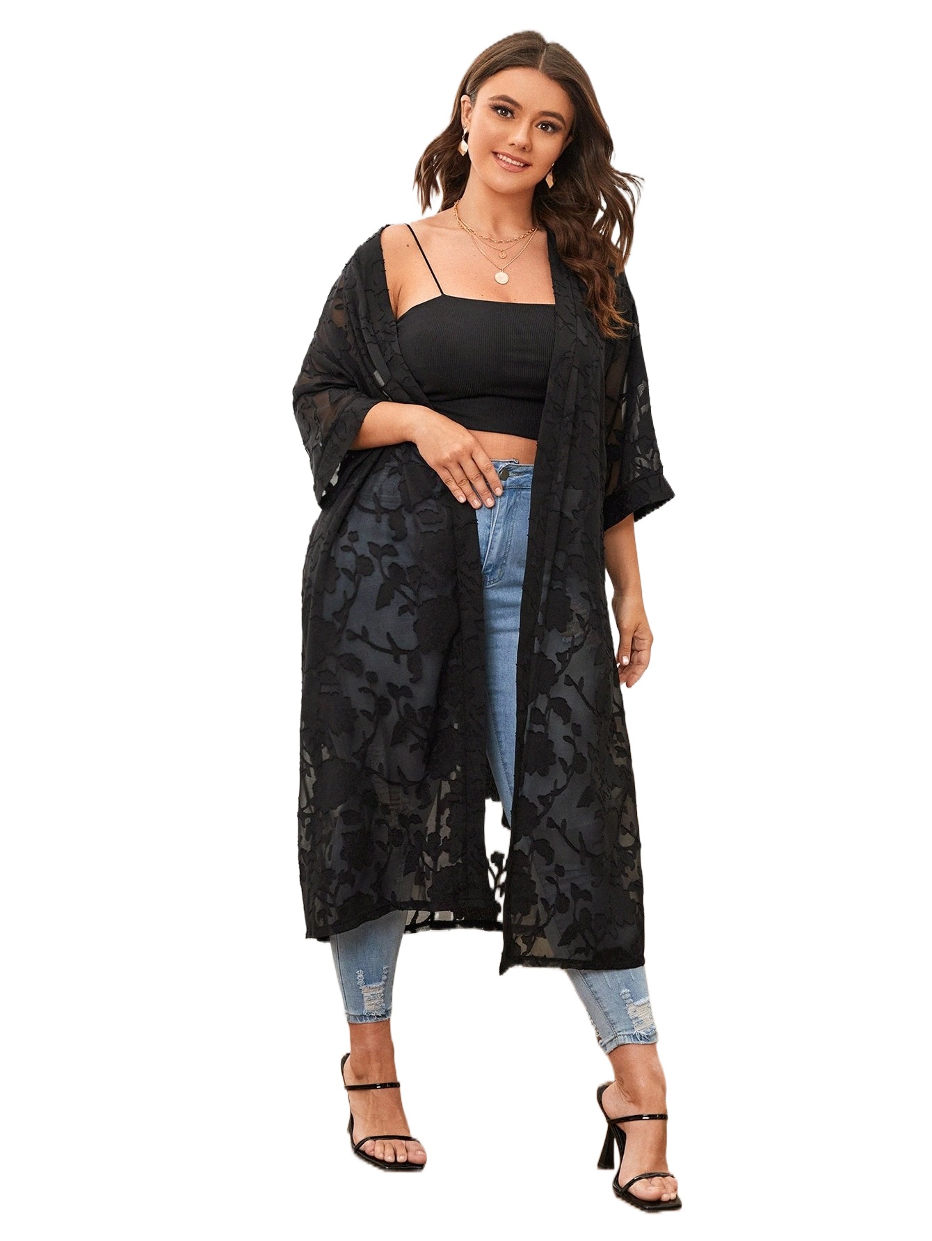 

plus Jacquard Drop Shoulder Kimono j1RT#, Black