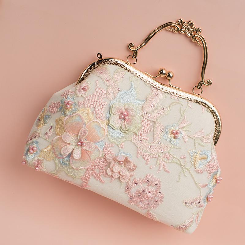 

Evening Bags Women Lace Pink Pearl Beaded Frame Lady Tote Vintage Solid Clear Bag Handbag With White Cotton FabricEvening, Pink bag metal