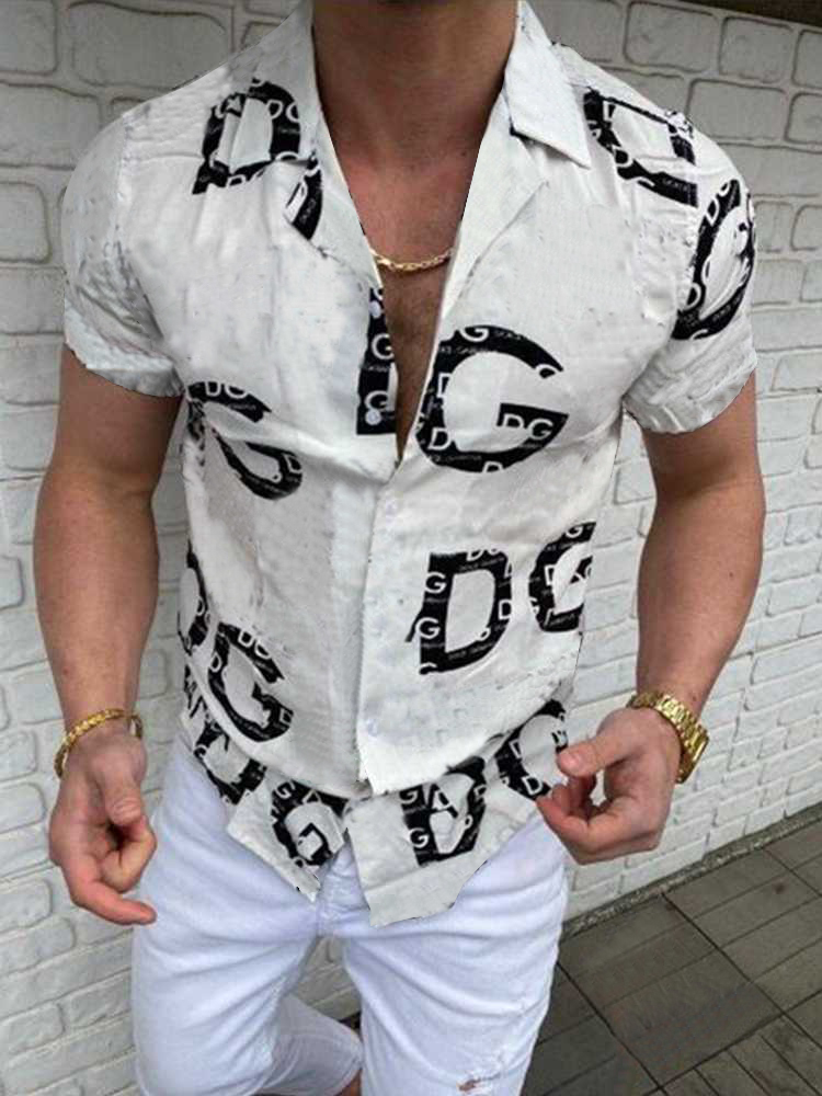 Summer Sale Men's Clothing Casual Black Letter Printed Shirt Fashion Trend Brand Cardigan Street Lapel Shirts