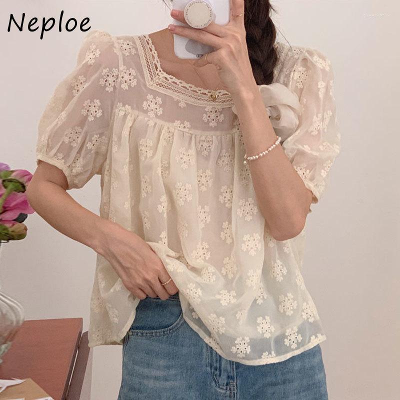 

Women's Blouses & Shirts Neploe Chic Elegant Gentle Shirt Femme 2022 Summer Square Neck Blusa Stitching Lace Hollow Embroidery Flower Puff S, Apricot
