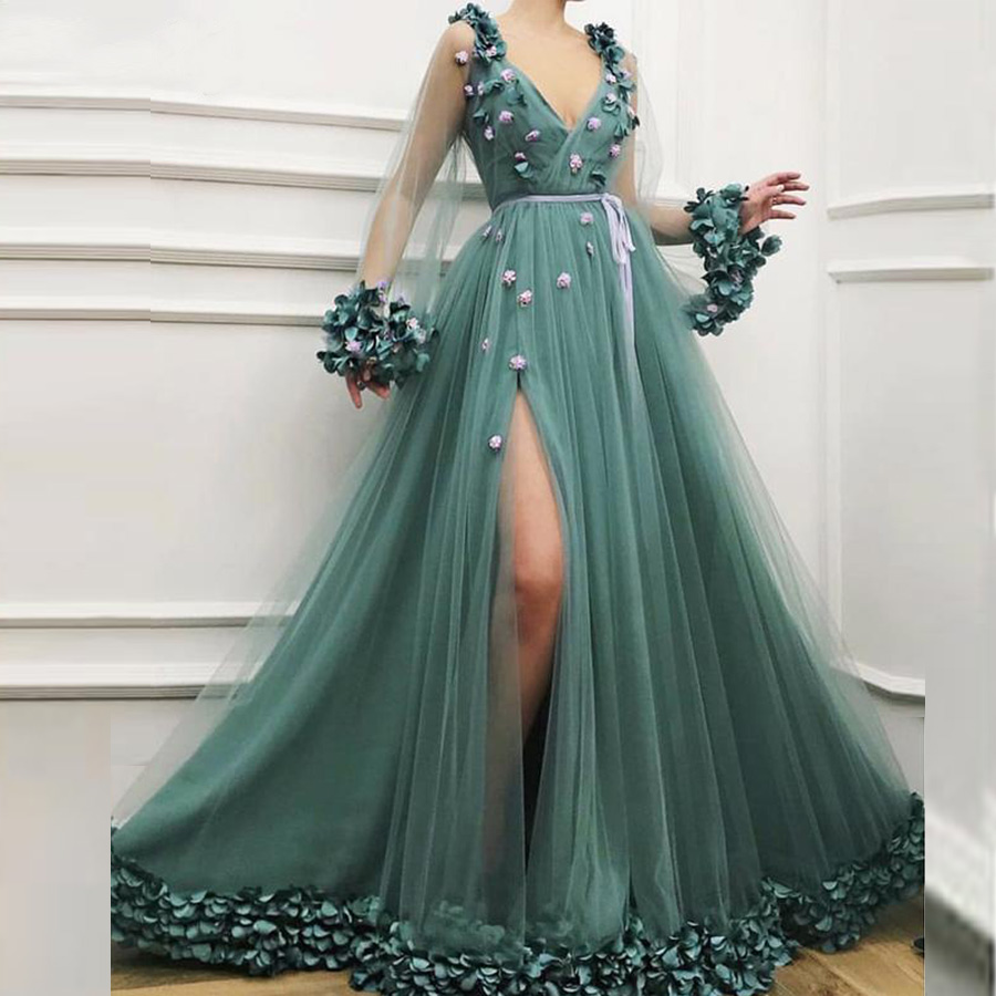 Dark Green A-line Evening Dress Women Long Sleeves Lace Appliques Beaded Floor Length High Side Split Formal Dress 3D Flower Ruched Prom Dress Pl