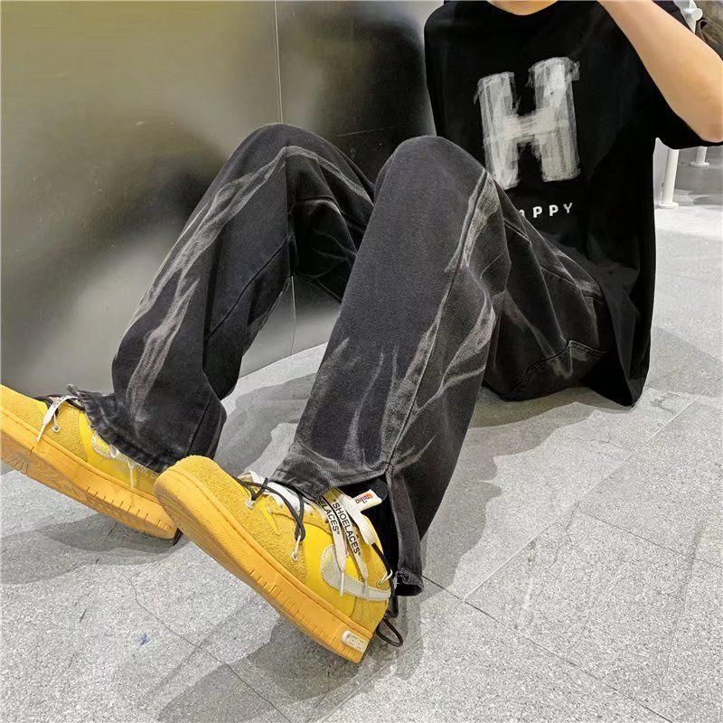 

Men' Jeans Vintage Male High Street Washed Tie-dye Baggy Straight-leg Pant Hip Hop Casual Spring CottonWide Leg Denim TrousersMen, Blue