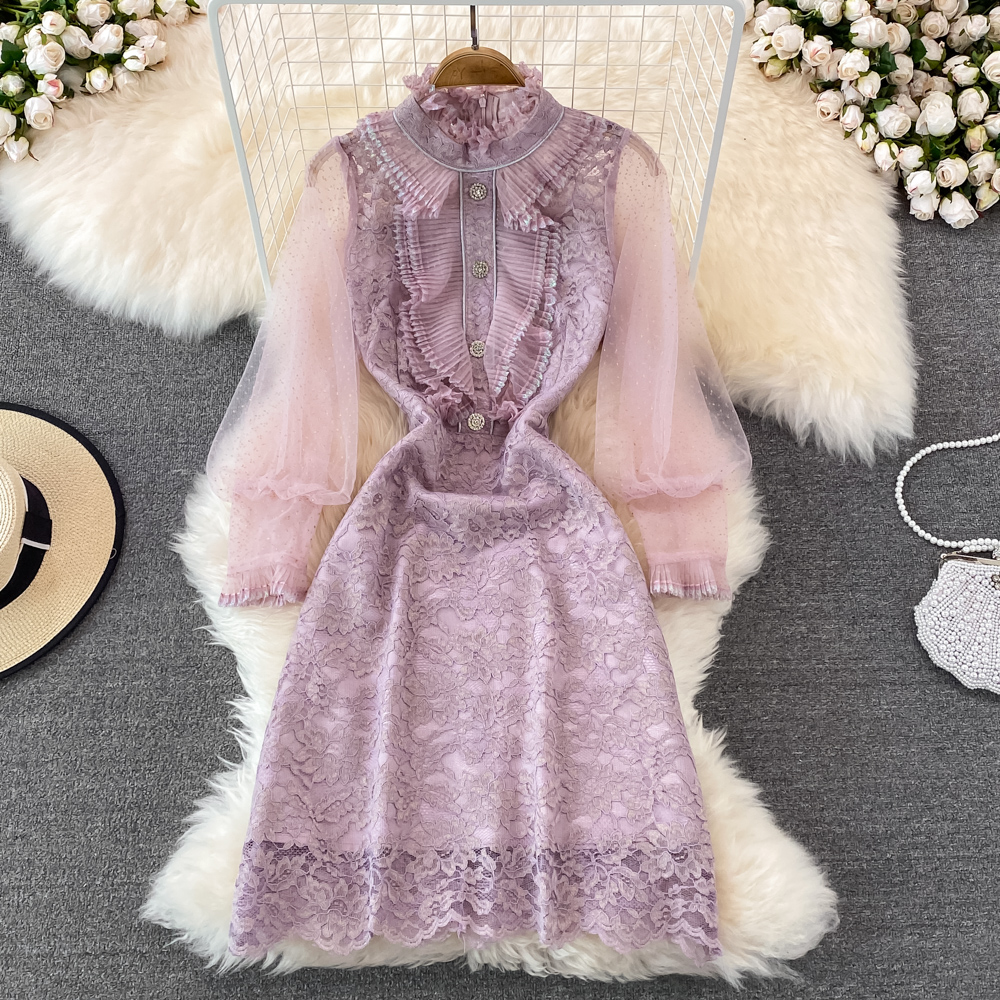 

See Through Dot Mesh Lantern Sleeve Stitching Embroidery Dress Women's Ruffles Stand Collar Purple Hollow Out Lace Midi Vestidos 2022, Same as picture