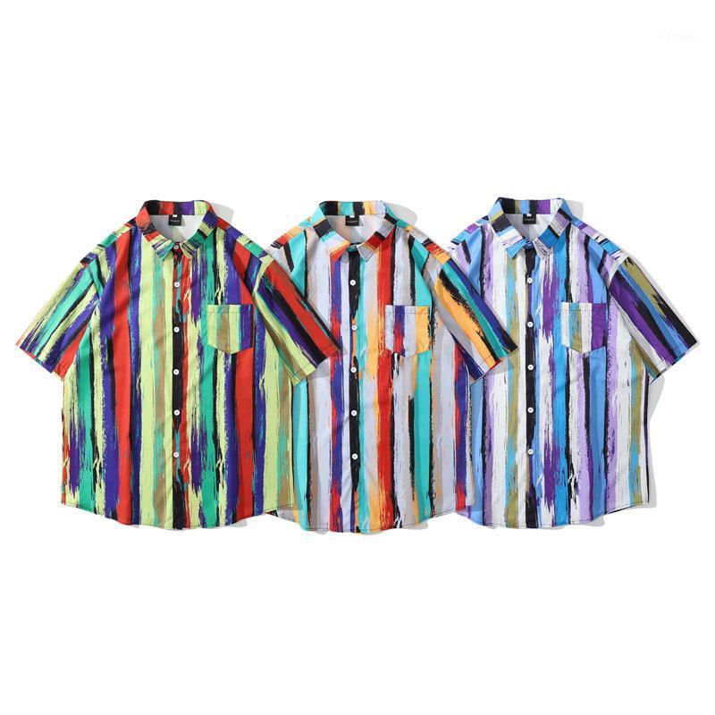 

Men's Casual Shirts Hawaiian Rainbow Paint Striped Short Sleeve Shirt Men Summer Hip Hop Streetwear Fashion Brand Holiday Chemise 2022, Rf5063 picture color