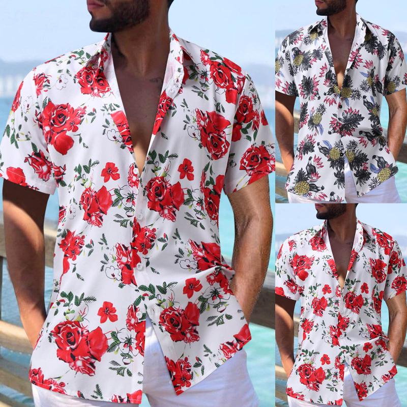 

Men's Casual Shirts Men Fashion Summer Printed Turndown Collar Single Breasted Short Sleeve Workout Pack MenMen's, Red
