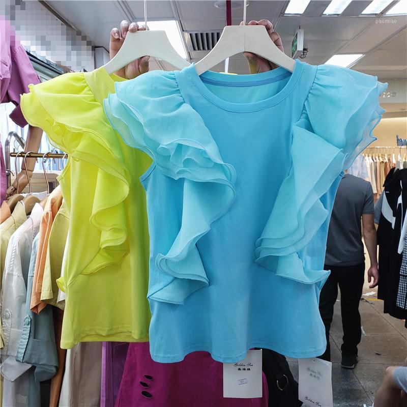 

Women's T-Shirt Three-Dimensional Large Ruffled Stitching Casual Round Neck Sleeveless Temperamental All-Match Top Summer 2022, Blue