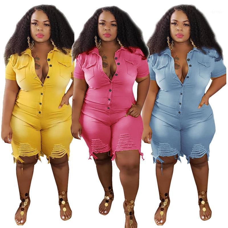 

Women' Jumpsuits & Rompers Plus Size Clothing Jeans Women -5XL Short Sleeve Bodysuit Ripped Denim Shorts Wholesale Drop, Blue
