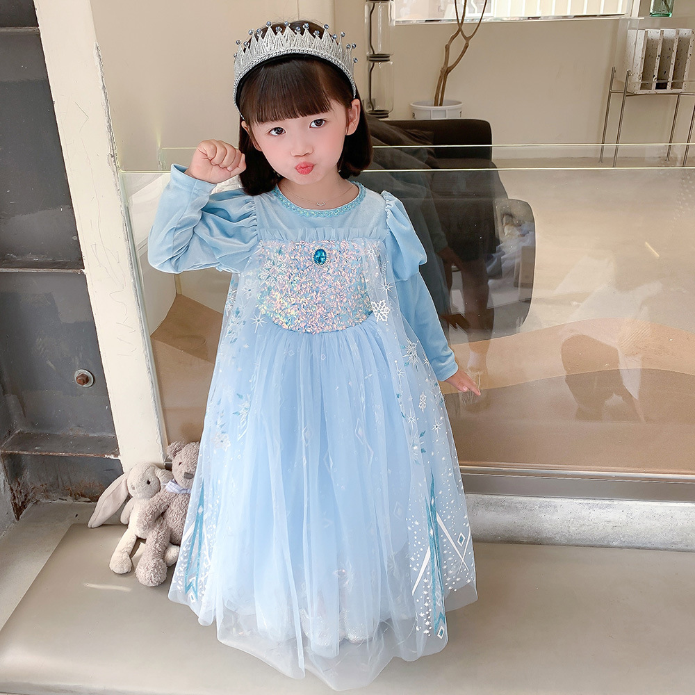 

Clothing Sets Girls baby middle and small children princess dress thin section 2021 summer dress, Blue