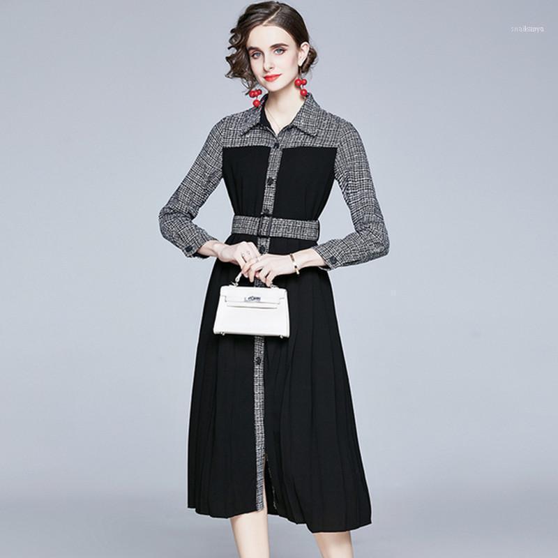 

Spring Casual Plaid Patchwork Dresses Black Turn-down Collar Big Swing Shirt Dress Plus Size -3XL, Blue
