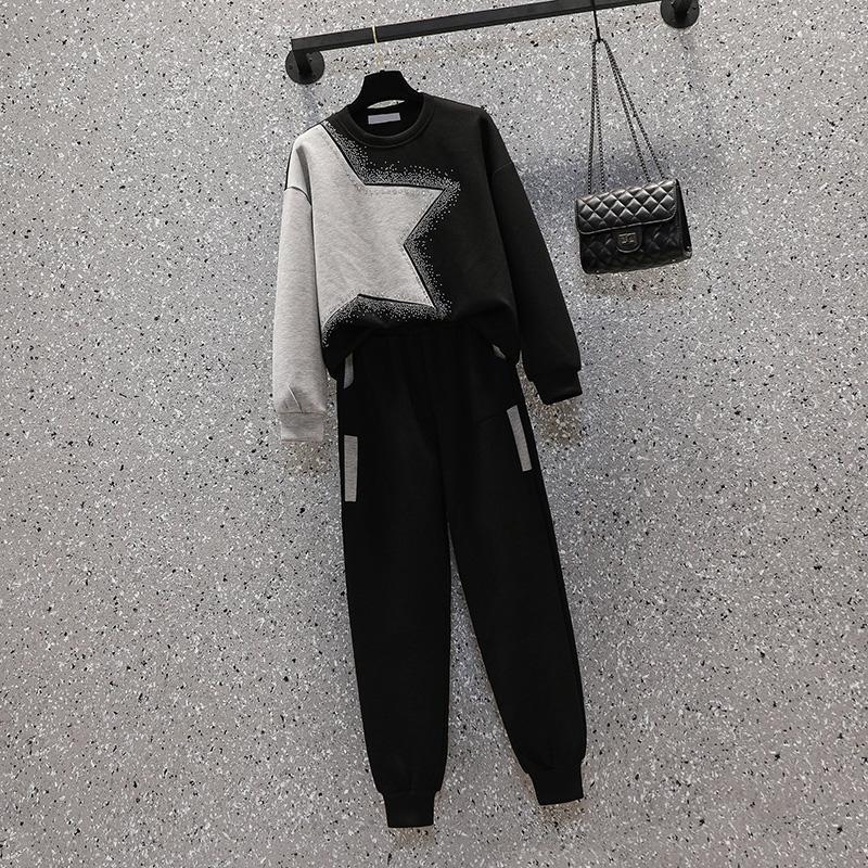

Women's Two Piece Pants Plus Size 4XL Women Clothing Set Rhinestone Tracksuit Sequin T Shirt Top And Pant Suit Spring Fall Sport Trendy Outf, Black