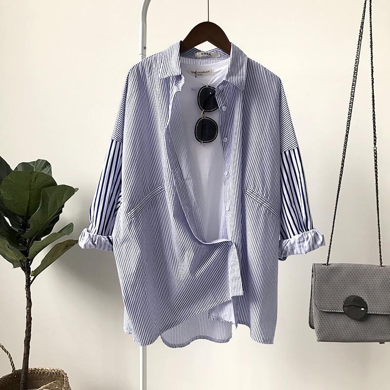 

Women' Blouses & Shirts 2022 Summer Striped Women Loose Casual Street Wear All Match Boyfriend Style Lady Female Outwear Tops, Blue
