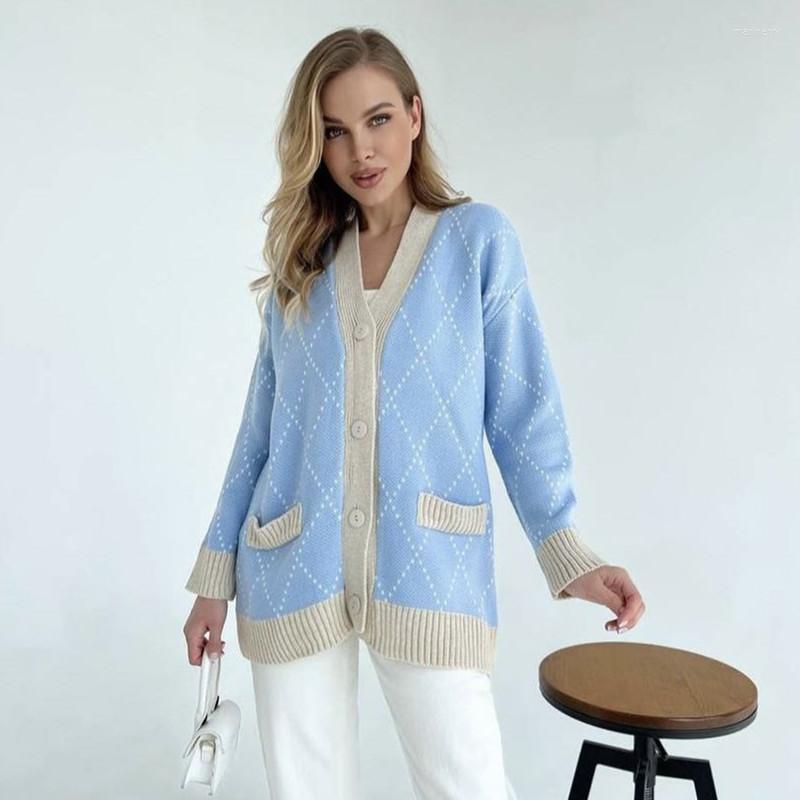 

Women's Knits & Tees Women Clothing Vintage Rhombus Knitting Sweater V Neck Pocket Long Sleeves Casual Korean Fashion Button Cardigan Coat T, Sky blue
