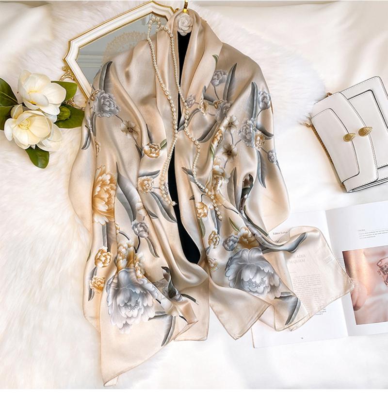 

Berets 53*170cm Women Scarf Flower Birds Print Fashion Spring Autumn Silk For Girl