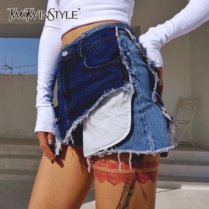

TWOTYLE Casual Patchwork Hit Color Irregular Shorts Female High Waist Asymmetrical Womens Shorts Fashion Clothing Y200403, As picture