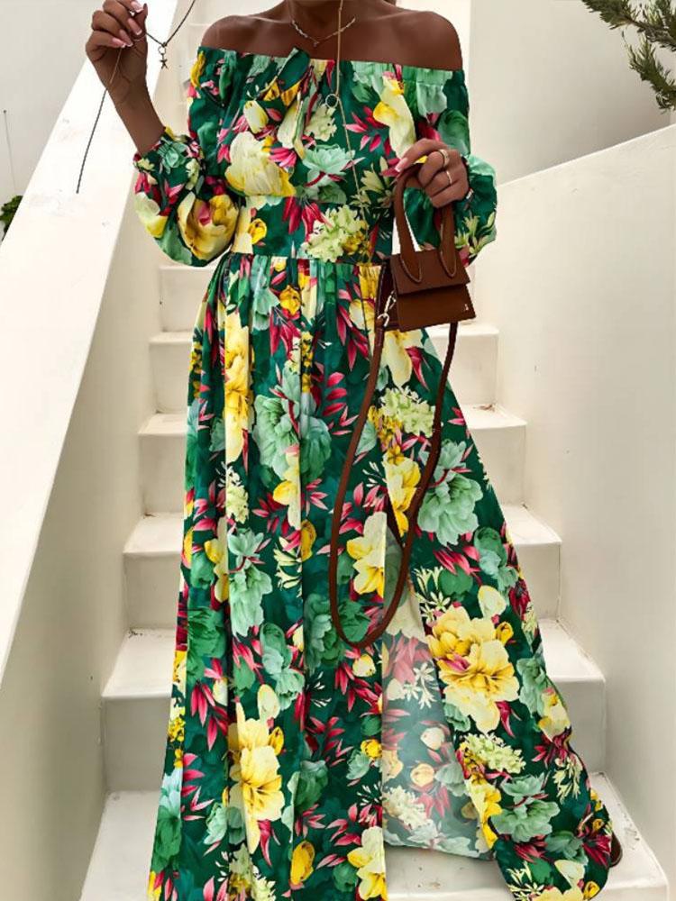 

Casual Dresses Summer Floral Print High Slit Maxi Dress Sexy One Shoulder Long Sleeves Women Lace Up Waist Beach RobeCasual, 03 blue