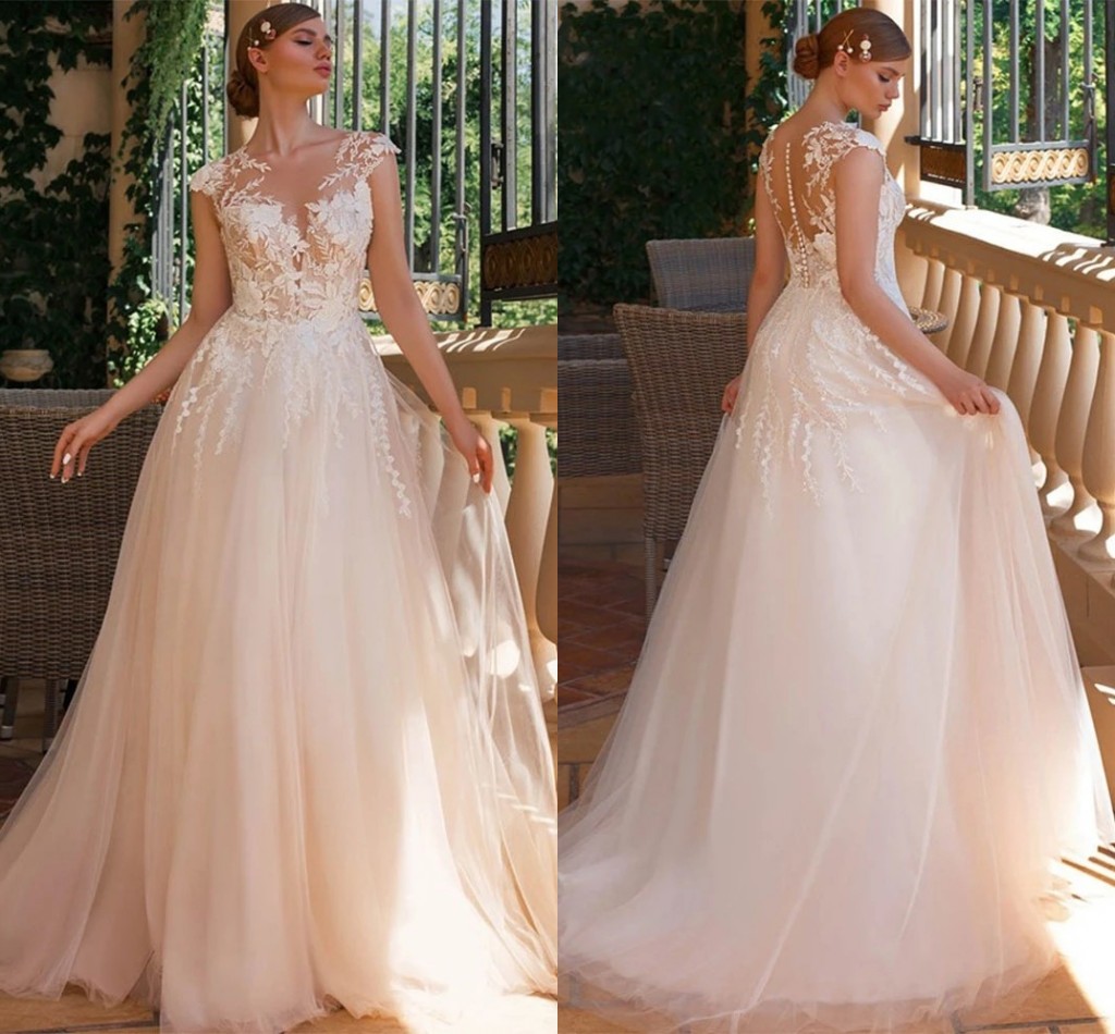 

Plus Size A Line Tulle Wedding Gowns With Cap Sleeves Jewel Neck Lace Appliqued Garden Bridal Dresses Sweep Train Illusion Buttons Back Vestidos De Novia CL0569, Fuchsia