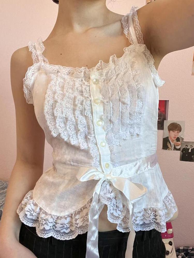 

Women' Tanks & Camis Vintage Y2K Ruffles Harajuku Crop Top Bow Cute Fairycore Mini Vest Tie Up Lace Strap Retro Camisole Women Casual White