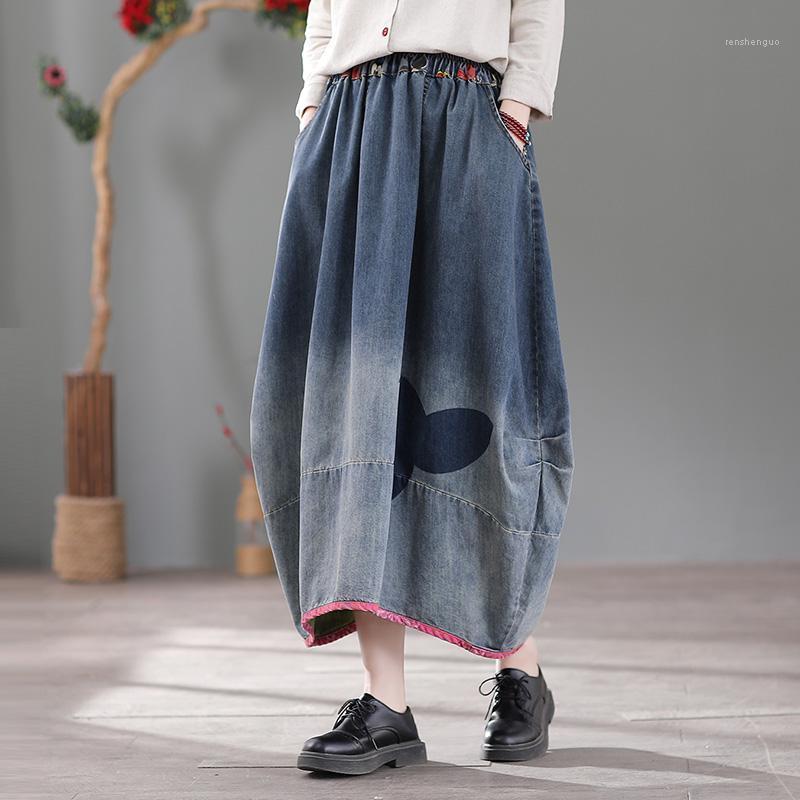 

Skirts Patchwrok Print Denim Women Skirt 2022 Spring Summer Pockets Vintage Contrast Color A Line Fashion Female YoYiKamomo, Blue