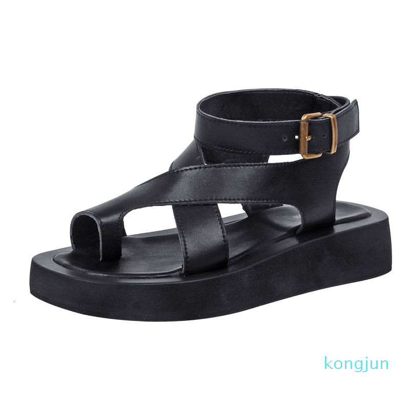 

Fashion-Sandals Women's leather shoes sandals with finger clips for women Roman style, Black