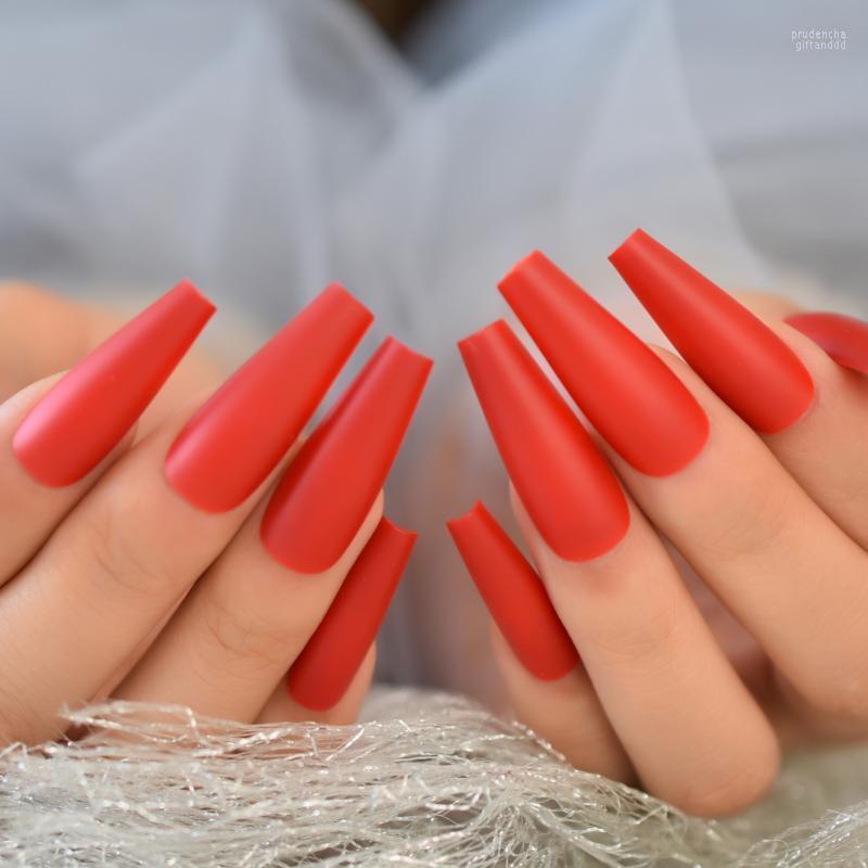 

False Nails Red Color Arrivals Nail Tips High Quality Press On Extra Long Matte Coffin Fake Prud22, L5527