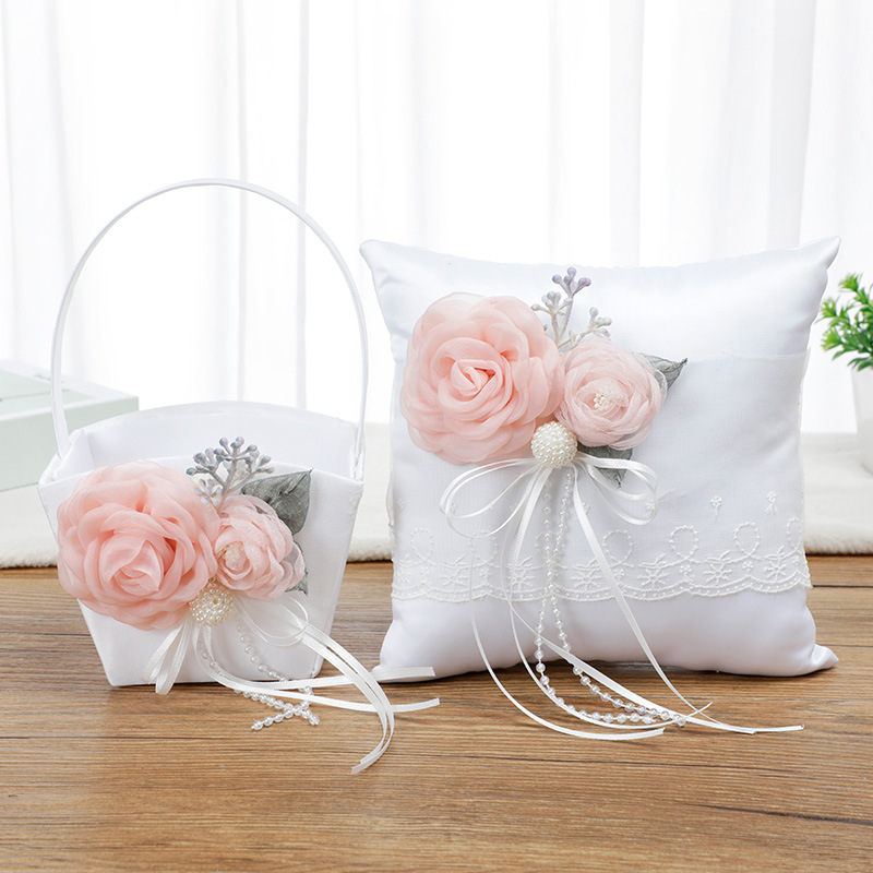 

Elegant Wedding Flower Basket and Ring Pillow with Pink Rose Romantic Design W-5740-5944, White & pink