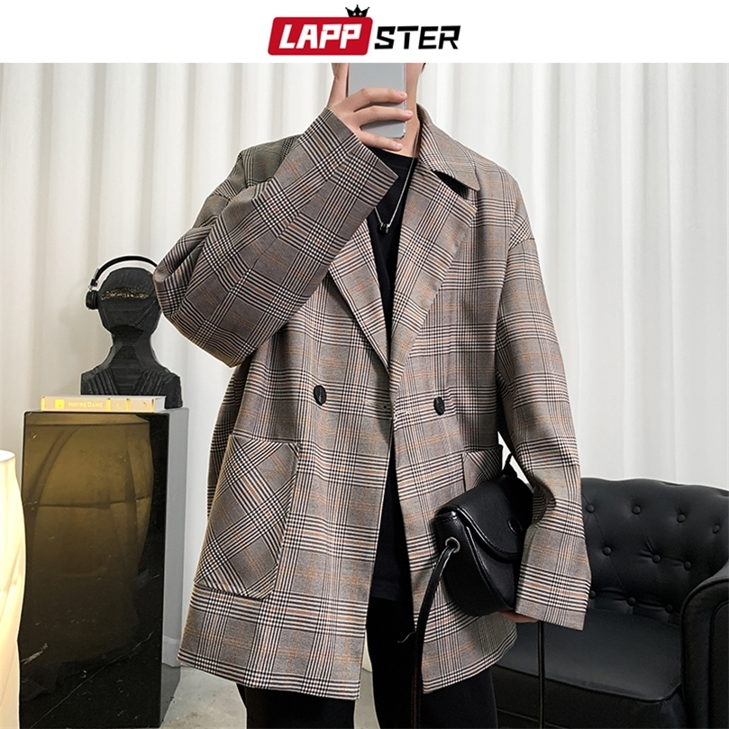 

LAPPSTER Vintage Men Single Breasted Korean Style Plaid Blazers Autumn Mens Harajuku Jackets Coats Male Casual Suit Jackets 201128, Light grey