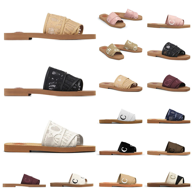 

Designer Luxury Slippers Women Sandals Flat Slides Black White Canvas Lace Rubber Woody Womens Fashion Outdoor Shoes Size 35-42, 35-42 (18)