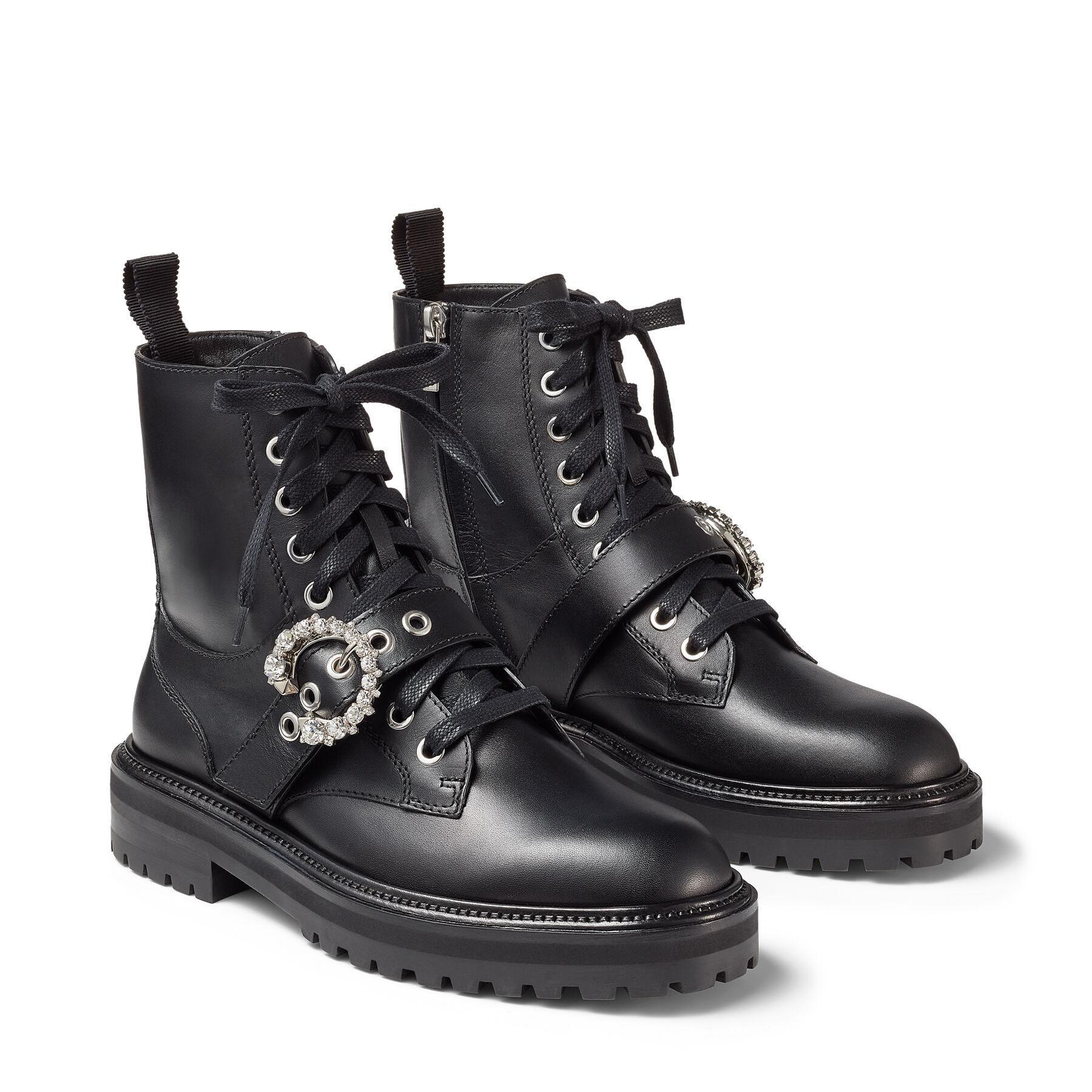 

Fashion Season Shoes London Cora Flat Combat Boots Black Soft Calf Leather Sparkling Crystal Buckle Italy Chunky Sole JIMMYs CHOOs mka