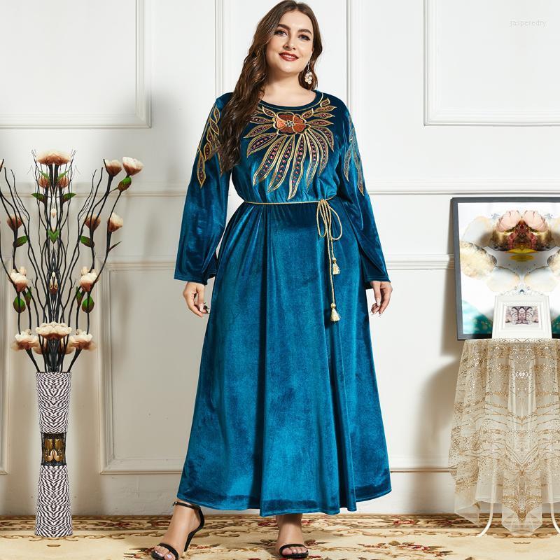 

Plus Size Dresses Original Design Embroidery Velvet Dress Women Long Indie Folk Loose Arabic Muslim With SashesPlus Jasp22, Blue