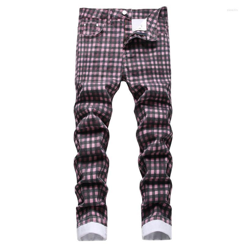 

Men's Jeans Men Check Plaid Digital Print Fashion Tartan Stretch Denim Pants Slim Purple TrousersMen's