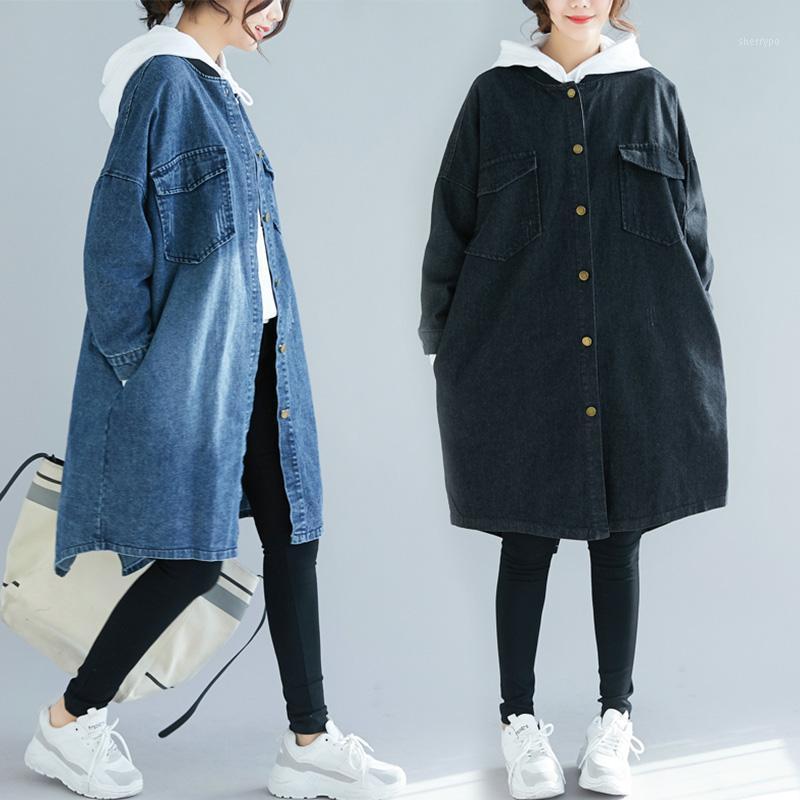 

Women's Trench Coats Oversized Denim Jacket Autumn Loose Single-breasted Mid Long Outerwear Female Jeans Windbreaker Casual Tops, Black