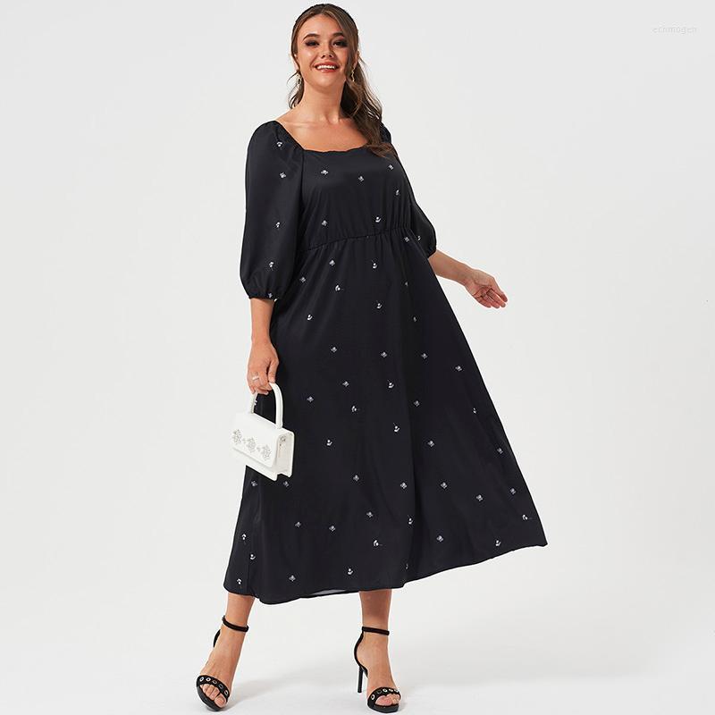 

Plus Size Dresses Woman Summer 2022 Black Square Collar White Dandelion Floral Print Lantern 3/4 Sleeve Sweet Casual Midi Dress Echm22