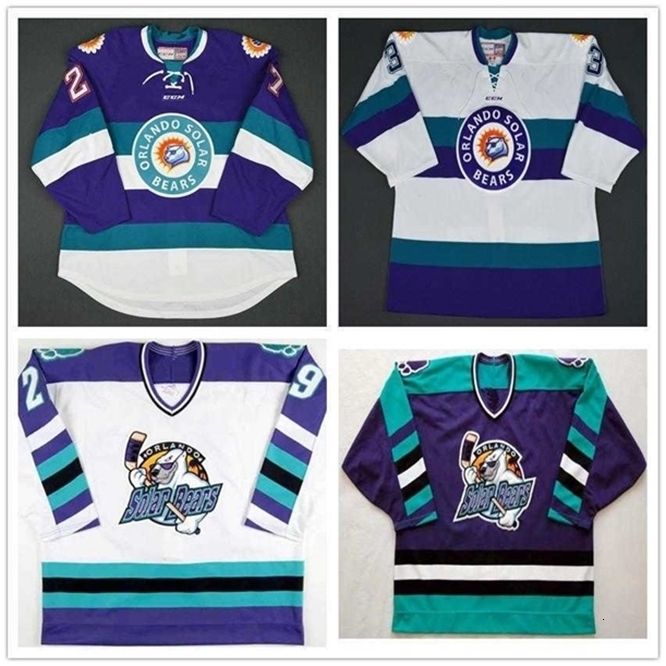 

CeUf Cusotm Vintage ECHL Orlando Solar Bears 27 Eric Faille 29 David Bell 3 Carl Nielsens Hockey Jersey Stitched embroidered Any Name Your Number, 29 white