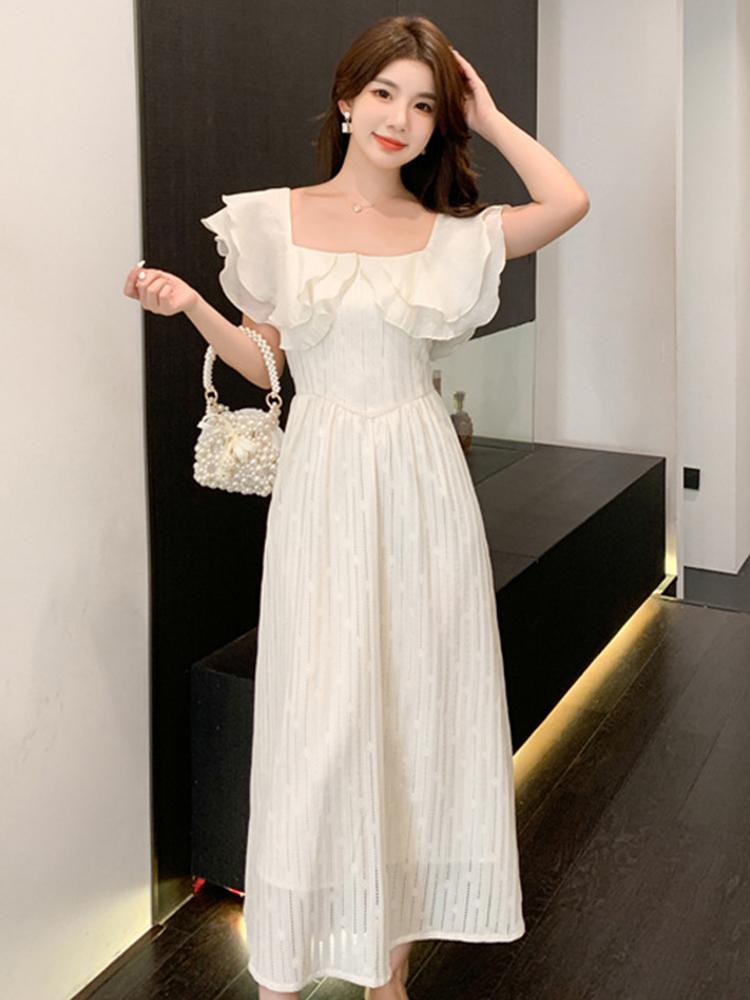 

Casual Dresses Korean Elegant Women Dress Sweet Ruffle Square Collar Slim Maxi Party Beach Street Robe Femme Mujer Vestidos SummerCasual, White