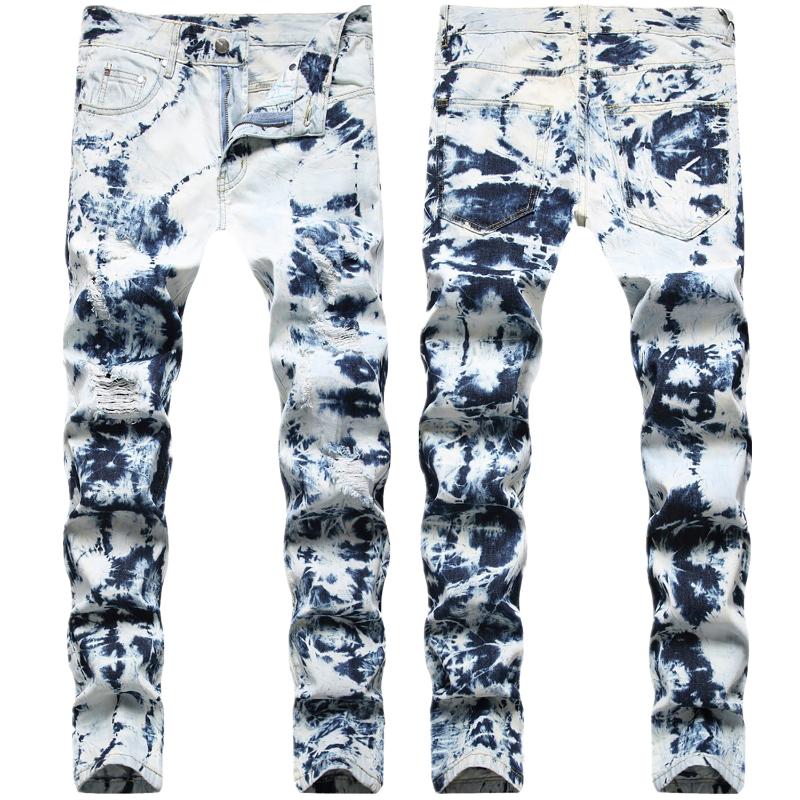 

Men's Jeans High Quality Men Tie-dyed Denim Pants Street Fashion No Stretch Casual Classic Slim-fit Hip Hop Style Ripped Long TrousersMen's, Blue