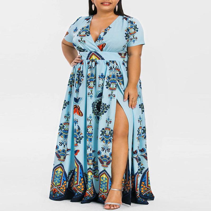 

Plus Size Dresses Maxi Dress Women Floral Printed Boho Long Chiffon Casual V-neck Sexy Party Robe Female Large