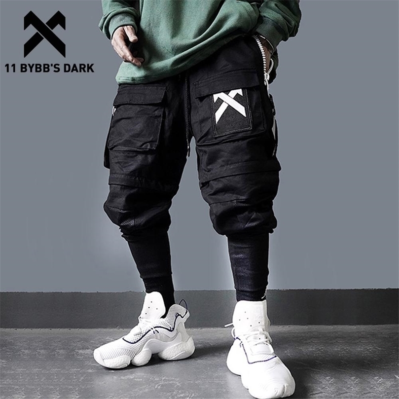 

11 BYBBS DARK Detachable MultiPocket Cargo Pants Men Harajuku Hip Hop Streetwear Joggers Man Elastic Waist Sweatpants Techwear 220705, Black