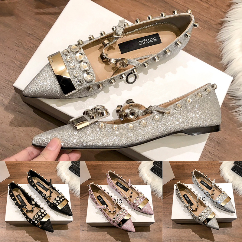 

2022 Fashion Rossi Women Dress Shoes SR1 Satin Glitter Crystal Studs Embellished Ballet Flats Heels Designer Womens Sandals Luxury Ladies Wedding Party Sandal, Shoes box