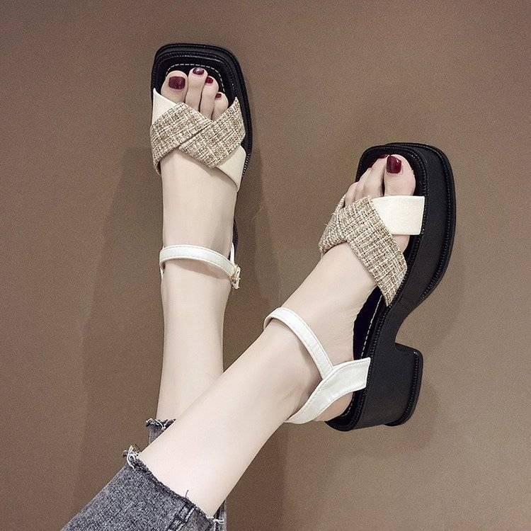 

Dress Shoes Fashion Women Sandals Platform Summer Round Mid Heel Peep Toe Casual Non-slip Back Strap Beach Ladies Zapatos De MujerDress, Beige