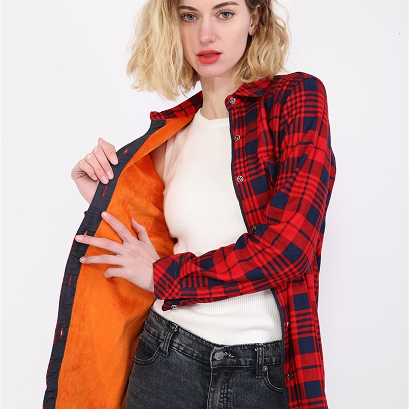 

Velvet Thicken Warm Women's Plaid Shirt Female Long Sleeve Tops M-4XL Winter Fleece Casual Blouse Autumn Clothes T17506X 220407, Regular-1