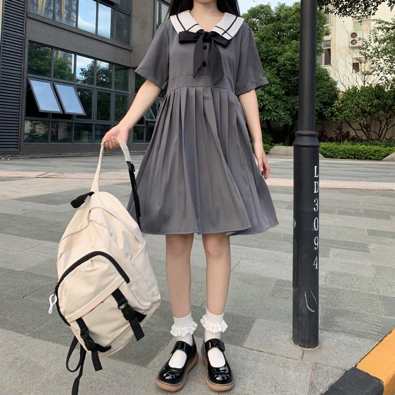 

Clothing Sets Japanese Pure Loli Skirt 2022 Summer Sailor Collar Bow Short-Height Pleated Dress Women School Girl Uniform Lolita DressClothi, Gray