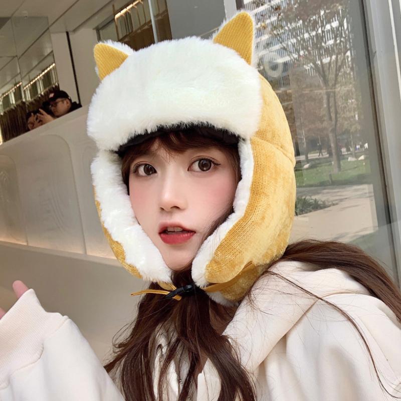 

Berets Cat Ear Bomber Hats Female Earflap Russia Hat Korean Lovely Autumn Winter Corduroy Windproof Cold Proof Keep Warm For Girls, Khaki