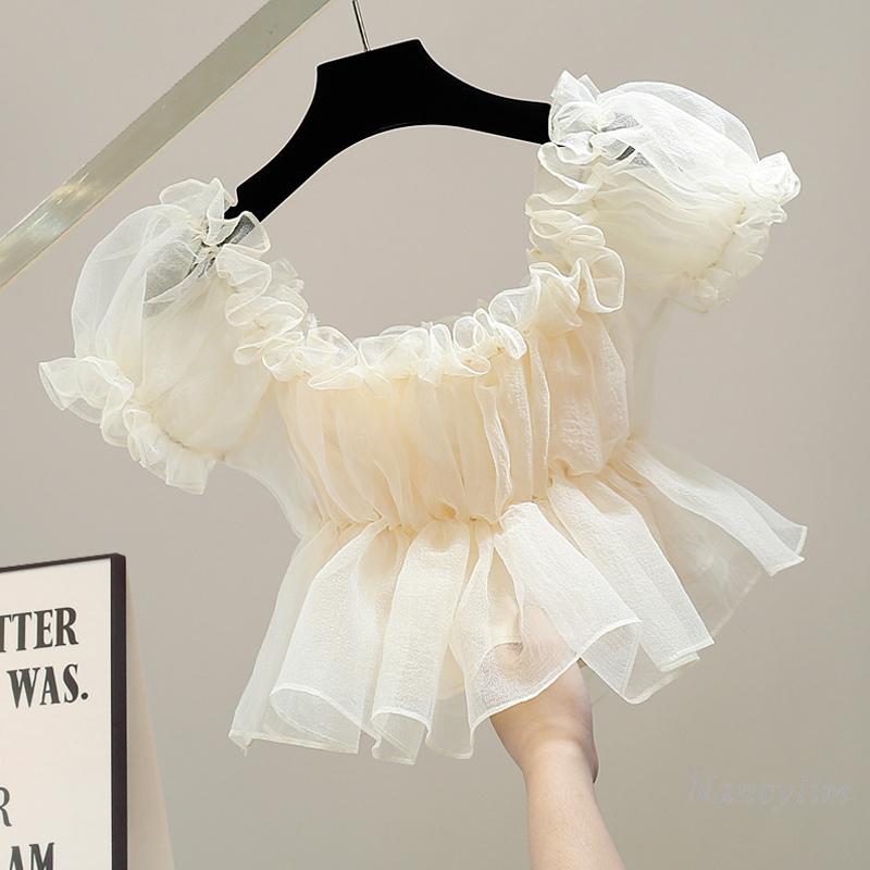 

Women' Blouses & Shirts Summer Fashion Pleated Waist Tight Sweet Apricot Blouse For Women Sexy Off-Neck Short Top Temperament Slimming Blus