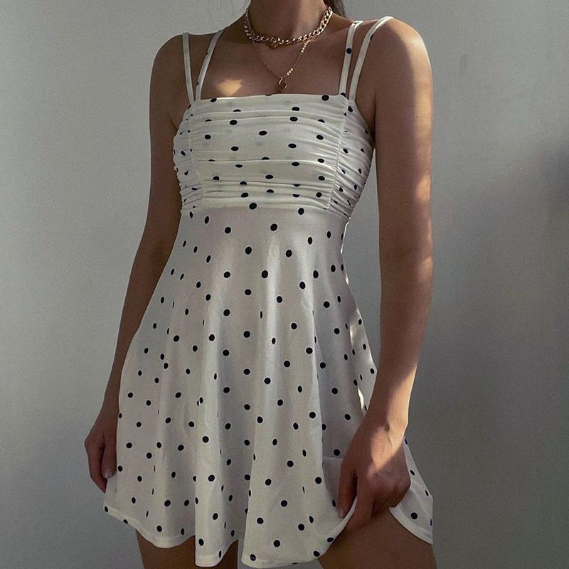 

Casual Dresses Women White Dots Print Off-the-shoulder Sleeveless Spaghetti Strap Mini Dress Summer Sheath DressCasual